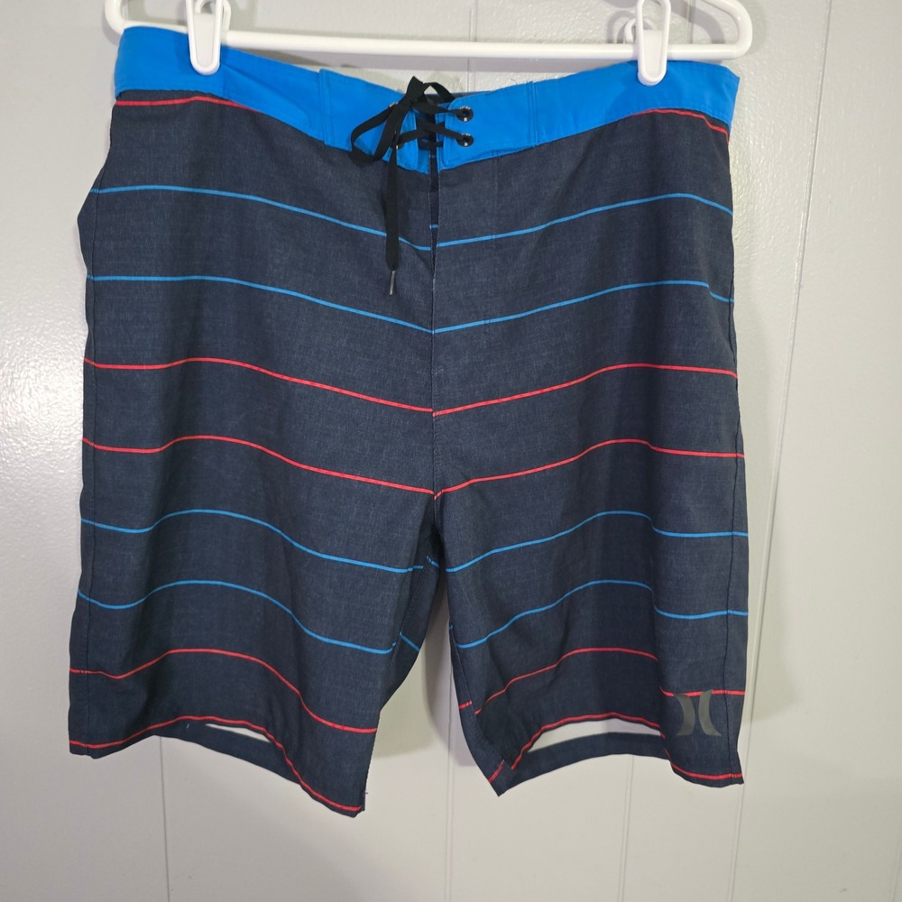 Hurley Board Shorts Mens 33‎ Navy Blue Striped Swim Trunks Surf Beachwear